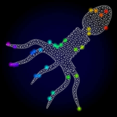 Glossy polygonal mesh virus structure icon with glow effect on a dark background. Carcass virus structure iconic vector with glitter multicolored dots in rainbow colors. Abstract white mesh lines,のイラスト素材