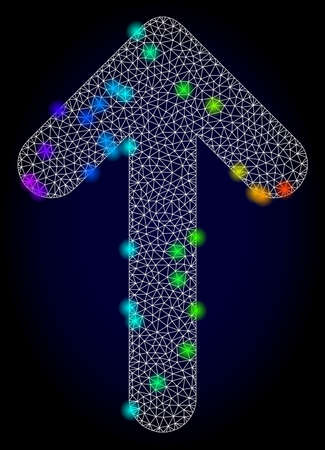 Glossy polygonal mesh up arrow icon with glow effect on a dark background. Carcass up arrow iconic vector with flash multicolored dots in spectrum colors. Abstract white mesh lines,のイラスト素材