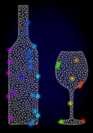 Glossy polygonal mesh wine glassware icon with glow effect on a dark background. Carcass wine glassware iconic vector with glitter multi colored dots in spectrum colors. Abstract white mesh lines,のイラスト素材