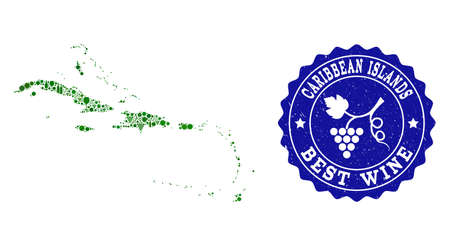 Vector collage of wine map of Caribbean Islands and best grape wine grunge watermark. Map of Caribbean Islands collage formed with bottles and grape berries bunches.のイラスト素材