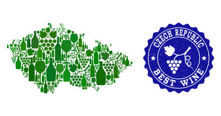 Vector collage of wine map of Czech Republic and best grape wine grunge stamp. Map of Czech Republic collage designed with bottles and grape berries bunches.のイラスト素材