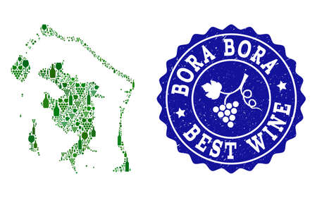 Vector collage of wine map of Bora-Bora and best grape wine grunge stamp. Map of Bora-Bora collage formed with bottles and grape berries bunches.のイラスト素材