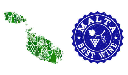 Vector collage of wine map of Malta and best grape wine grunge seal stamp. Map of Malta collage formed with bottles and grape berries bunches.のイラスト素材