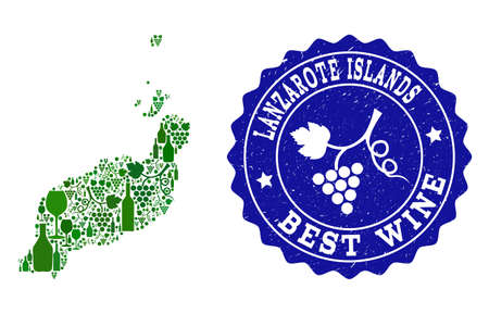 Vector collage of wine map of Lanzarote Islands and best grape wine grunge seal. Map of Lanzarote Islands collage created with bottles and grape berries bunches.のイラスト素材