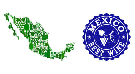 Vector collage of wine map of Mexico and best grape wine grunge stamp. Map of Mexico collage formed with bottles and grape berries bunches.のイラスト素材