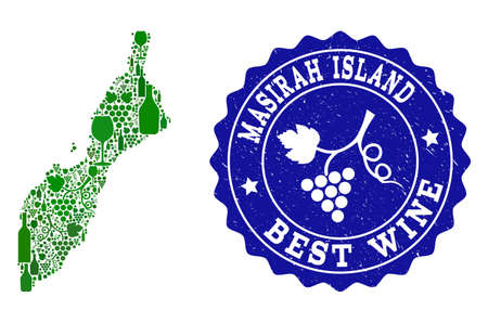 Vector collage of wine map of Masirah Island and best grape wine grunge seal. Map of Masirah Island collage formed with bottles and grape berries bunches.のイラスト素材