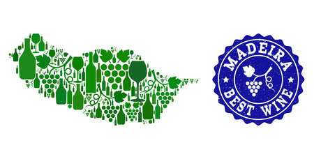 Vector collage of wine map of Madeira Island and best grape wine grunge seal. Map of Madeira Island collage designed with bottles and grape berries bunches.のイラスト素材