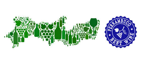 Vector collage of wine map of Pernambuco State and best grape wine grunge stamp. Map of Pernambuco State collage designed with bottles and grape berries bunches.のイラスト素材