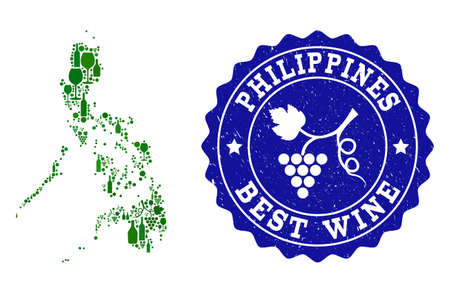 Vector collage of wine map of Philippines and best grape wine grunge watermark. Map of Philippines collage designed with bottles and grape berries bunches.のイラスト素材