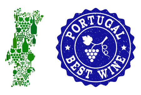 Vector collage of wine map of Portugal and best grape wine grunge seal stamp. Map of Portugal collage composed with bottles and grape berries bunches.のイラスト素材