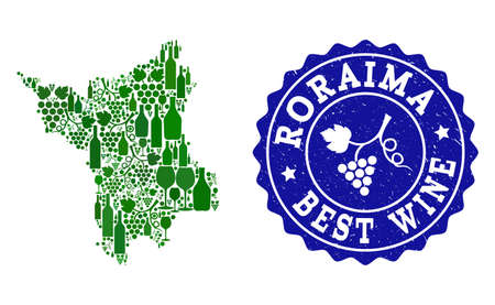 Vector collage of wine map of Roraima State and best grape wine grunge watermark. Map of Roraima State collage created with bottles and grape berries bunches.のイラスト素材