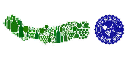 Vector collage of wine map of Sao Miguel Island and best grape wine grunge watermark. Map of Sao Miguel Island collage designed with bottles and grape berries bunches.のイラスト素材