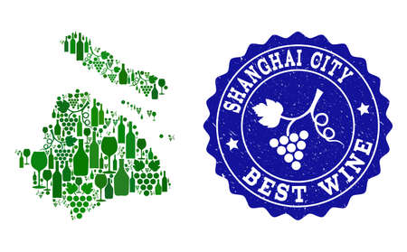 Vector collage of wine map of Shanghai Municipality and best grape wine grunge seal stamp. Map of Shanghai Municipality collage designed with bottles and grape berries bunches.のイラスト素材