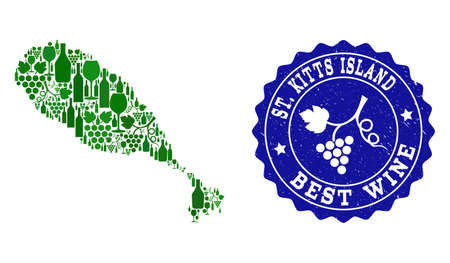 Vector collage of wine map of St Kitts Island and best grape wine grunge stamp. Map of St Kitts Island collage designed with bottles and grape berries bunches.のイラスト素材