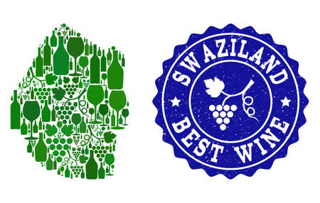 Vector collage of wine map of Swaziland and best grape wine grunge watermark. Map of Swaziland collage created with bottles and grape berries bunches.のイラスト素材