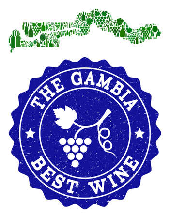 Vector collage of wine map of the Gambia and best grape wine grunge watermark. Map of the Gambia collage formed with bottles and grape berries bunches.のイラスト素材