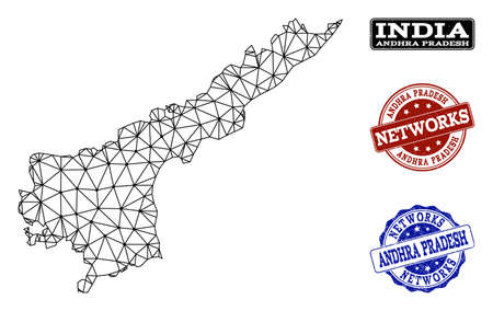 Black mesh vector map of Andhra Pradesh State isolated on a white background and rubber stamp seals for networks. Abstract lines, dots and triangles forms map of Andhra Pradesh State.のイラスト素材
