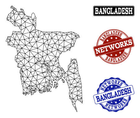 Black mesh vector map of Bangladesh isolated on a white background and scratched watermarks for networks. Abstract lines, dots and triangles forms map of Bangladesh.のイラスト素材