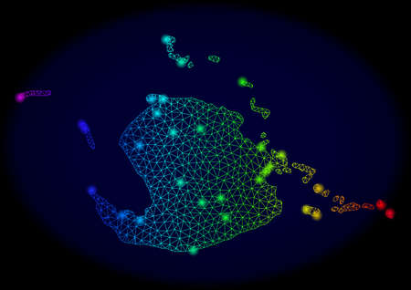 Glossy mesh vector map of Juventud Island with glare effect. Light spots have bright rainbow colors. Abstract lines, triangles, glare spots on a dark background with map of Juventud Island.のイラスト素材