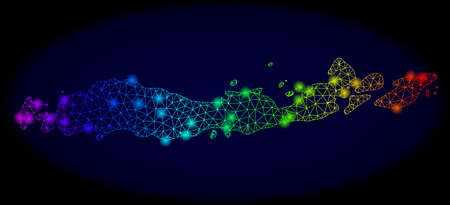 Bright mesh vector map of Indonesia - Flores Islands with glow effect. Light spots have bright rainbow colors. Abstract lines, triangles,のイラスト素材
