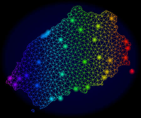 Bright mesh vector map of Saint Helena Island with glare effect. Light spots have bright spectrum colors. Abstract lines, triangles, flash spots on a dark background with map of Saint Helena Island.のイラスト素材