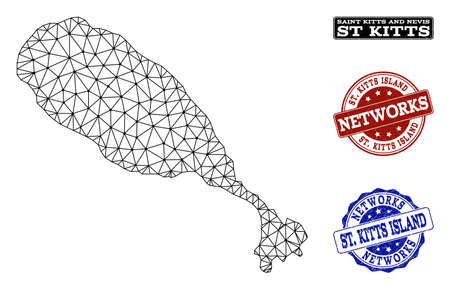 Black mesh vector map of St Kitts Island isolated on a white background and rubber stamp seals for networks. Abstract lines, dots and triangles forms map of St Kitts Island.のイラスト素材