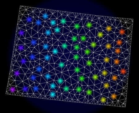 Mesh vector map of Wyoming State with glare effect. Light spots have bright spectrum colors. Abstract lines, triangles, light spots and points on a dark background with map of Wyoming State.のイラスト素材