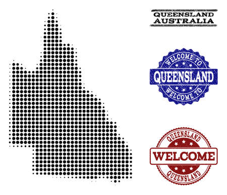 Welcome combination of halftone map of Australian Queensland and scratched watermarks. Halftone map of Australian Queensland constructed with black round dots.のイラスト素材