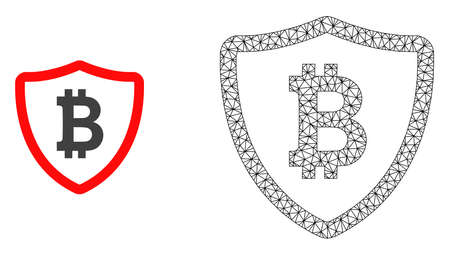 Polygonal mesh bitcoin shield and flat icon are isolated on a white background. Abstract black mesh lines, triangles and nodes forms bitcoin shield icon.のイラスト素材