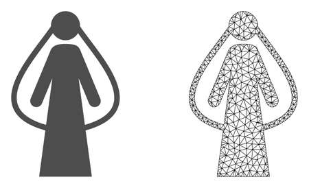 Polygonal mesh bride and flat icon are isolated on a white background. Abstract black mesh lines, triangles and dots forms bride icon.のイラスト素材