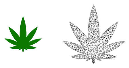 Polygonal mesh cannabis and flat icon are isolated on a white background. Abstract black mesh lines, triangles and dots forms cannabis icon.のイラスト素材