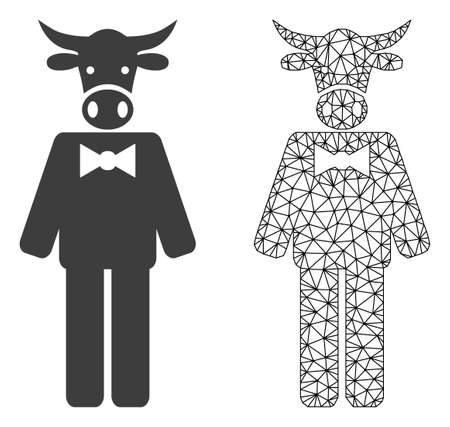 Polygonal mesh bull gentleman and flat icon are isolated on a white background. Abstract black mesh lines, triangles and dots forms bull gentleman icon.のイラスト素材