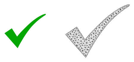 Polygonal mesh confirm tick and flat icon are isolated on a white background. Abstract black mesh lines, triangles and dots forms confirm tick icon.のイラスト素材