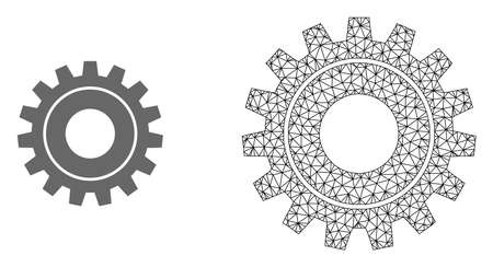 Polygonal mesh cog and flat icon are isolated on a white background. Abstract black mesh lines, triangles and nodes forms cog icon.のイラスト素材