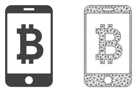 Polygonal mesh mobile bitcoin bank and flat icon are isolated on a white background. Abstract black mesh lines, triangles and dots forms mobile bitcoin bank icon.のイラスト素材
