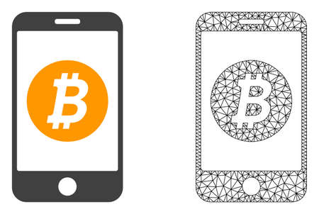 Polygonal mesh mobile bitcoin bank and flat icon are isolated on a white background. Abstract black mesh lines, triangles and dots forms mobile bitcoin bank icon.のイラスト素材