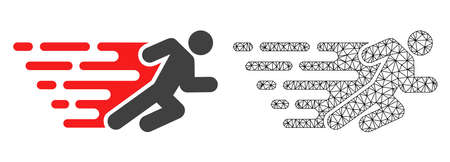 Polygonal mesh running man and flat icon are isolated on a white background. Abstract black mesh...
