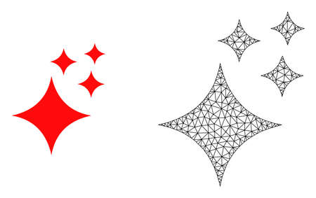 Polygonal mesh shine stars and flat icon are isolated on a white background. Abstract black mesh lines, triangles and nodes forms shine stars icon.のイラスト素材