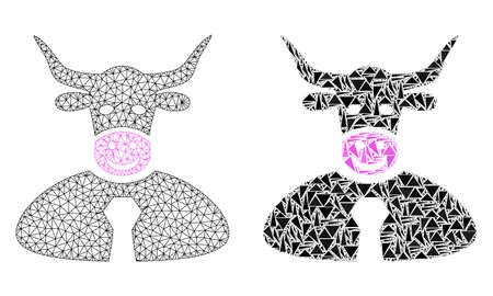 Mesh vector bull boss with flat mosaic icon isolated on a white background. Abstract lines, triangles, and points forms bull boss icons. Wire frame flat triangular line mesh in vector format,のイラスト素材
