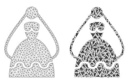Mesh vector bride with flat mosaic icon isolated on a white background. Abstract lines, triangles, and points forms bride icons. Wire frame flat polygonal line mesh in vector format,のイラスト素材