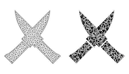 Mesh vector crossing knives with flat mosaic icon isolated on a white background. Abstract lines, triangles, and points forms crossing knives icons.のイラスト素材