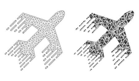 Mesh vector jet plane with flat mosaic icon isolated on a white background. Abstract lines, triangles, and points forms jet plane icons. Wire carcass flat polygonal line mesh in vector format,のイラスト素材