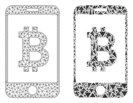 Mesh vector mobile bitcoin bank with flat mosaic icon isolated on a white background. Abstract lines, triangles, and points forms mobile bitcoin bank icons.のイラスト素材