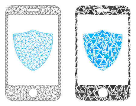 Mesh vector smartphone shield with flat mosaic icon isolated on a white background. Abstract lines, triangles, and points forms smartphone shield icons.のイラスト素材