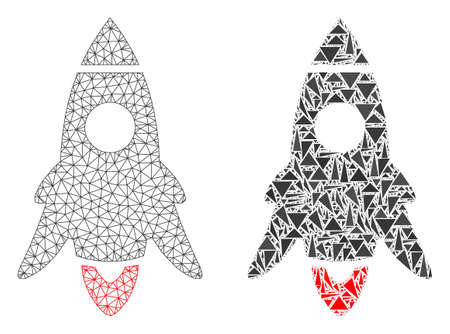 Mesh vector rocket start with flat mosaic icon isolated on a white background. Abstract lines, triangles, and points forms rocket start icons. Wire carcass flat polygonal line mesh in vector format,のイラスト素材