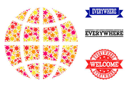 Mosaic globe composed with colored flat stars, and grunge textured stamps, isolated on an white background. Vector colored geographic abstraction of globe. Red, yellow, orange stars used.のイラスト素材