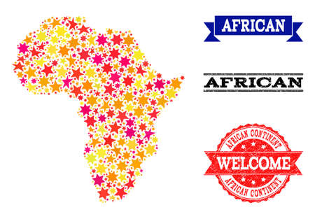 Mosaic map of Africa created with colored flat stars, and grunge textured stamps, isolated on an white background. Vector colored geographic abstraction of map of Africa with red, yellow,のイラスト素材