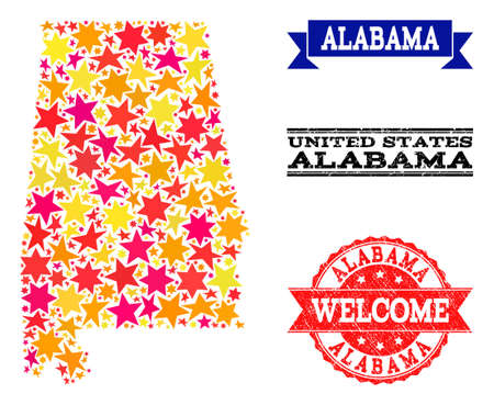 Mosaic map of Alabama State formed with colored flat stars, and grunge textured stamps, isolated on an white background. Vector bright geographic abstraction of map of Alabama State with red, yellow,のイラスト素材