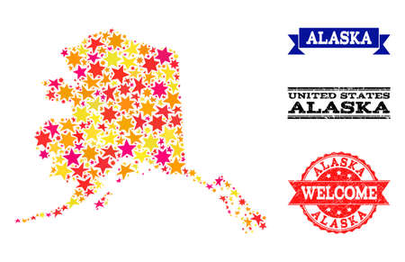 Mosaic map of Alaska State composed with colored flat stars, and grunge textured stamps, isolated on an white background. Vector colored geographic abstraction of map of Alaska State with red, yellow,のイラスト素材