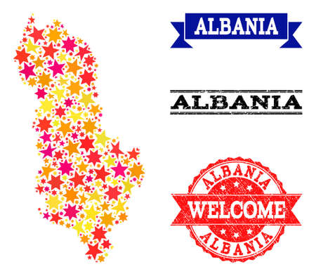 Mosaic map of Albania composed with colored flat stars, and grunge textured stamps, isolated on an white background. Vector colored geographic abstraction of map of Albania with red, yellow,のイラスト素材